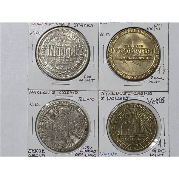 4- NEVADA CASINO METAL GAMING TOKENS. 3-$1 & 1-$2