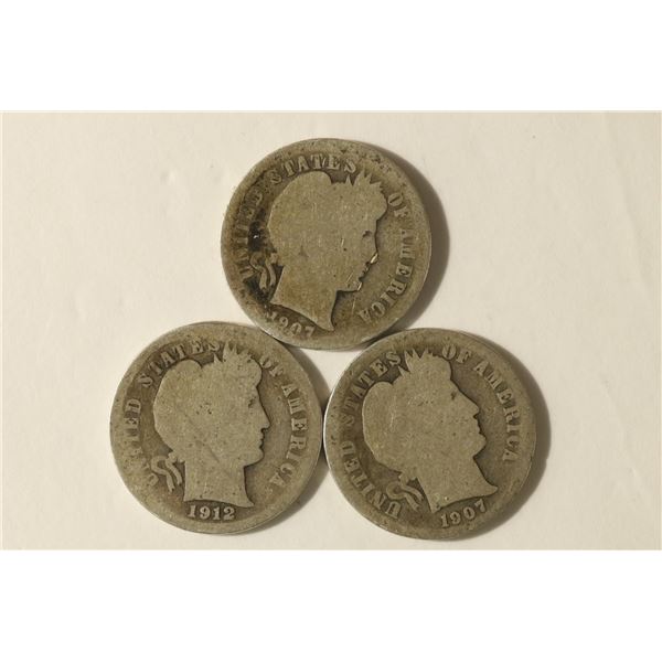 1907, 1907, 1912 SILVER BARBER DIMES