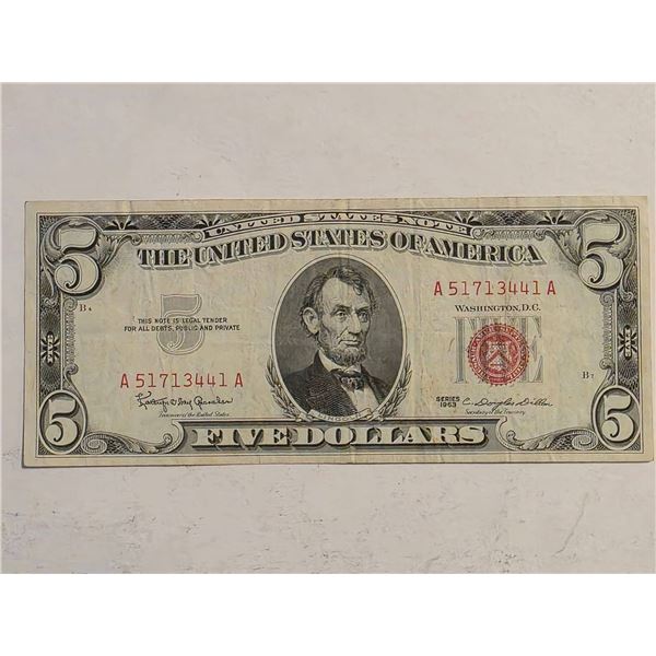 1963 FIVE DOLLAR RED SEAL US NOTE CRISP