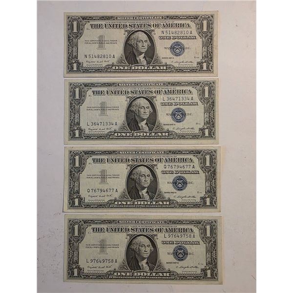 FOUR 1957-A $1 SILVER CERTIFICATE NOTES AU