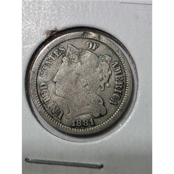 1881 THREE CENT NICKEL COIN UNITED STATES