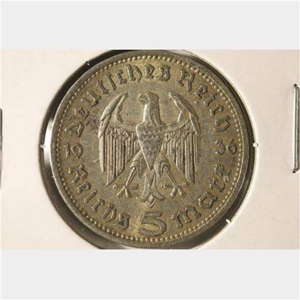 1936-A GERMAN SILVER 5 MARK COIN .4016 OZ. ASW