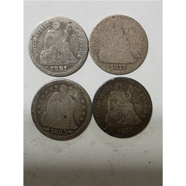 1853, 2-1877 & 1891 SILVER SEATED DIMES