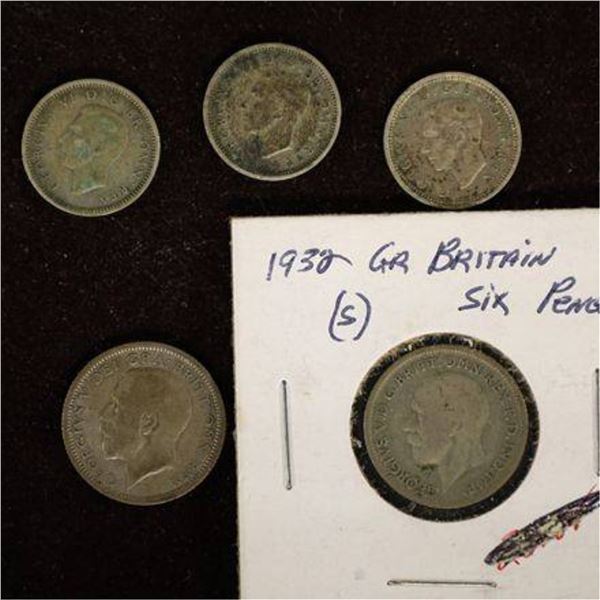 FIVE GREAT BRITAIN SILVER COINS, 1925-1943
