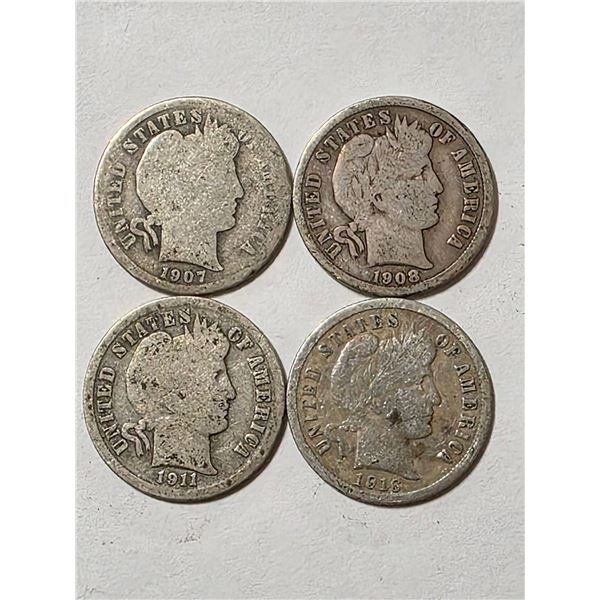 1907, 1908-D, 1911, 1916 SILVER BARBER DIMES