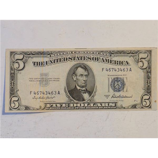 SERIES 1953-A $5 US SILVER CERT. CRISP AU WITH 1