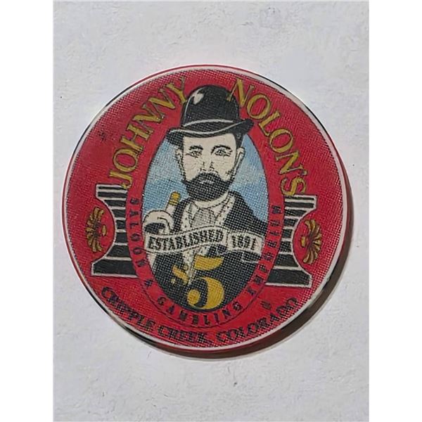 JOHNNY NOLON'S $5 CASINO CHIP CRIPPLE CREEK CO