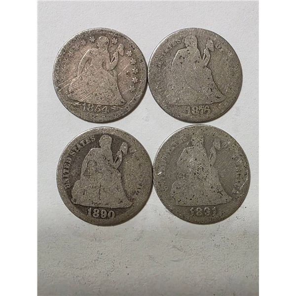1854, 1876-S, 1890 & 1891-O SILVER SEATED DIMES