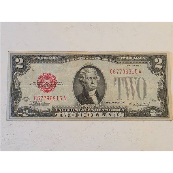 1928-D UNITED STATES $2 RED SEAL NOTE CRISP AU
