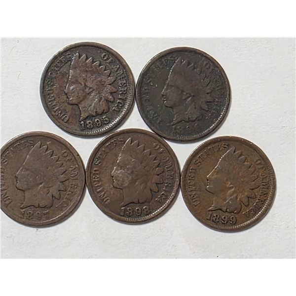 FIVE INDIAN HEAD CENTS 1895, 96, 97, 98 AND 1899