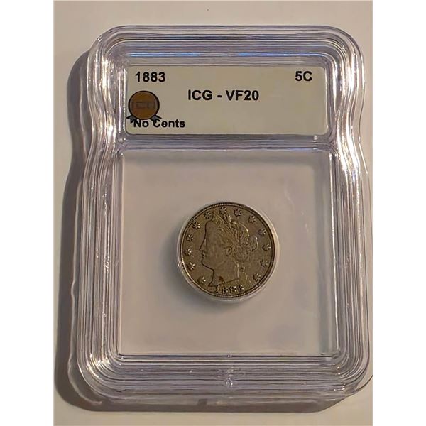 1883 LIBERTY NICKEL NO CENTS ICG VF20
