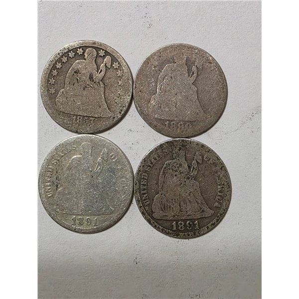 1857, 1890 & 2-1891-O'S US SILVER SEATED DIMES