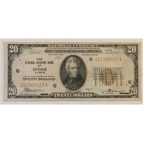 1929 NATIONAL CURRENCY $20 CHICAGO NOTE XF