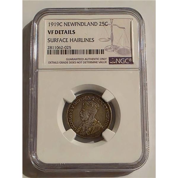 1919C NEWFOUNDLAND 25C NGC VF DETAILS SURFACE
