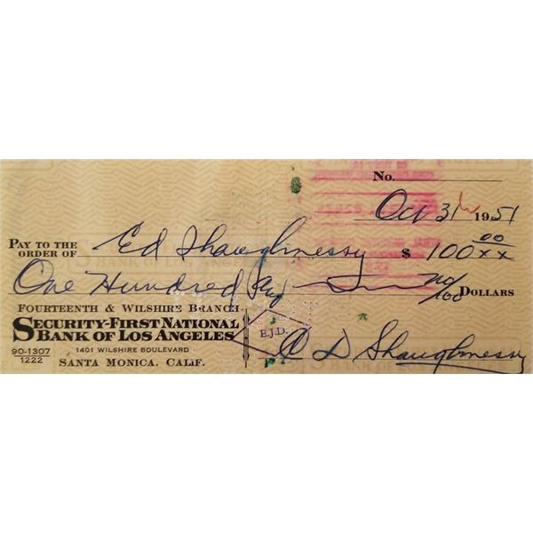 Football Coach Clark Shaughnessy signed check