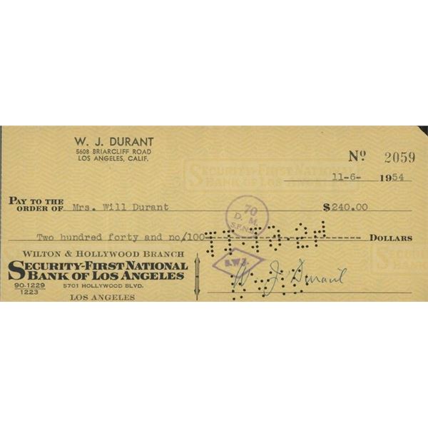 The Story of Civilization Author Will Durant signed check
