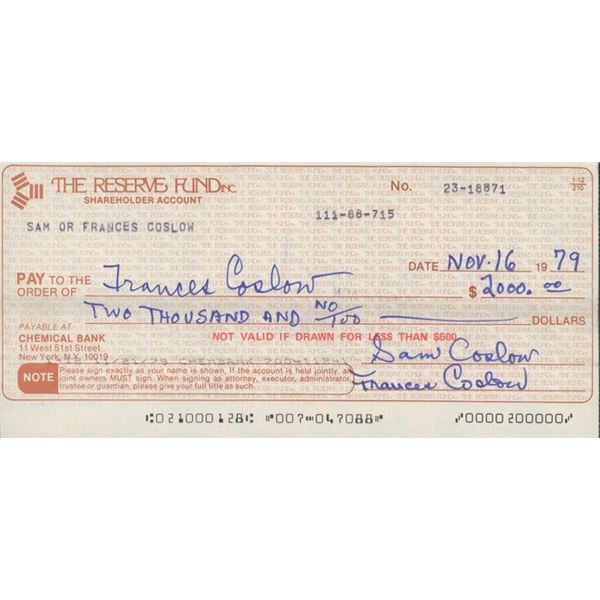 American Singer Sam Coslow signed check