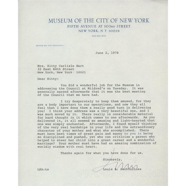 Author Louis Auchincloss letter