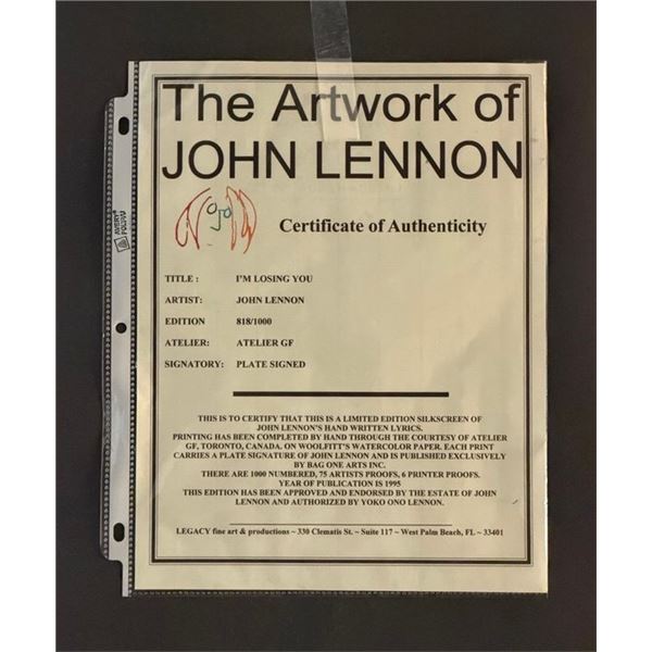John Lennon Framed Bag One I'm Losing You Plate Signed Printer Proof