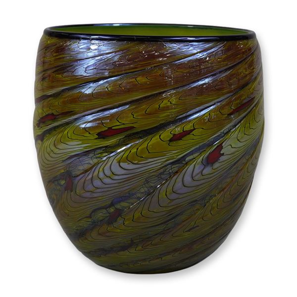 Studio Art Glass Pulled Feather and Macchia Glass Vase