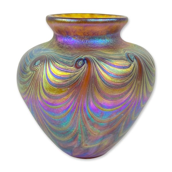 Iridescent Pulled-Feather Studio Art Glass Vase
