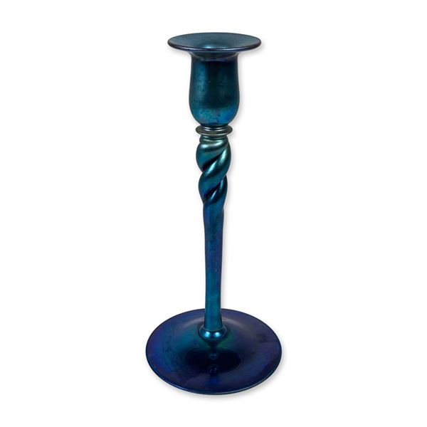 Steuben Blue Aurene Iridescent Art Glass Twist Candlestick