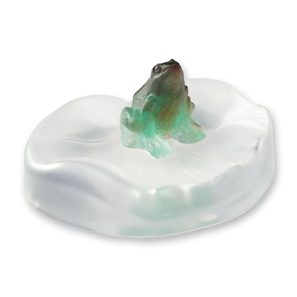 Daum Pate-de-Verre Art Glass Frog and Lily Pad Crystal Paperweight