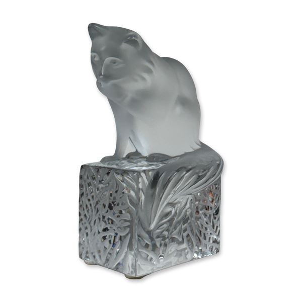 Lalique Frosted Crystal Seated Cat on Pedestal Figurine