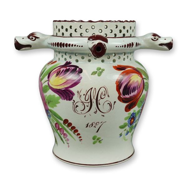 English Hand-Painted Earthenware Puzzle Jug, Dated 1827
