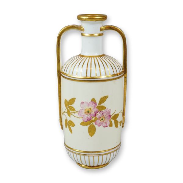 Antique Hand-Painted Porcelain Twin-Handled Vase Attributed to Royal Worcester
