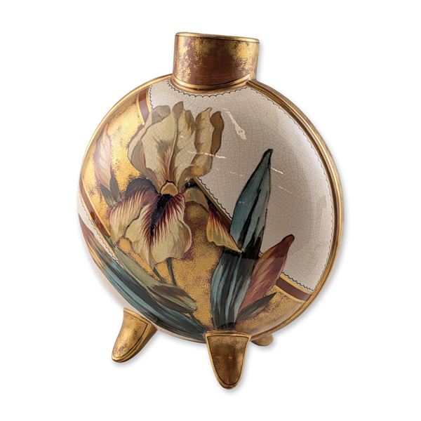 Hand Painted Gilded Ceramic Floral Motif Moon Flask