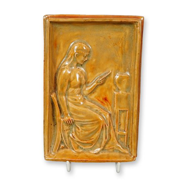 George Tinworth Stoneware Wall Plaque, Woman Reading
