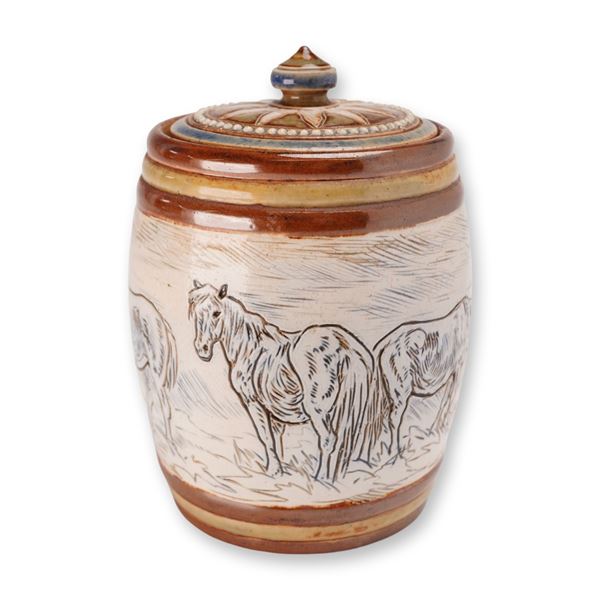 Doulton Lambeth Hannah Barlow Stoneware Horse Motif Lidded Biscuit Barrel