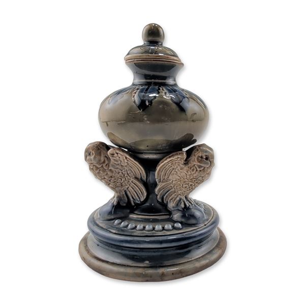 Doulton Lambeth Stoneware Lidded Owl Inkwell