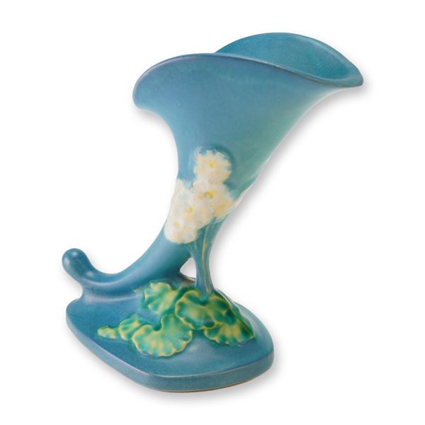 Roseville Pottery Blue Cornucopia Vase, White Rose