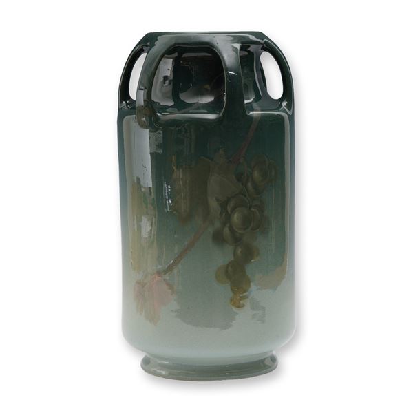 Weller Pottery Louwelsa 4-Handled Milk Can Vase with Grape Motif 9202