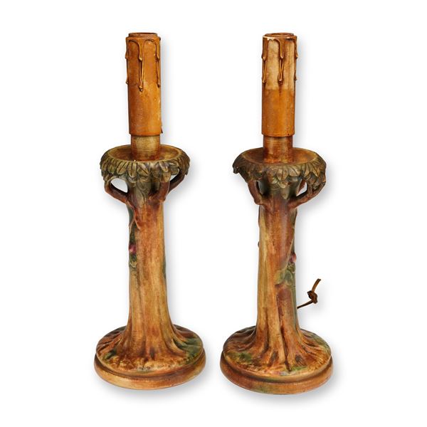 Pair of Weller Pottery Earthenware Tree Trunk Table Lamps, Woodcraft