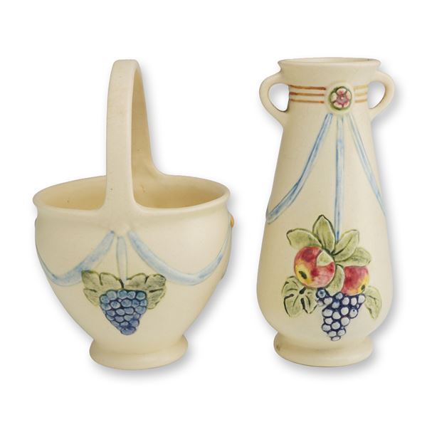 2pc Weller Pottery Roma Basket and Two Handled Vase
