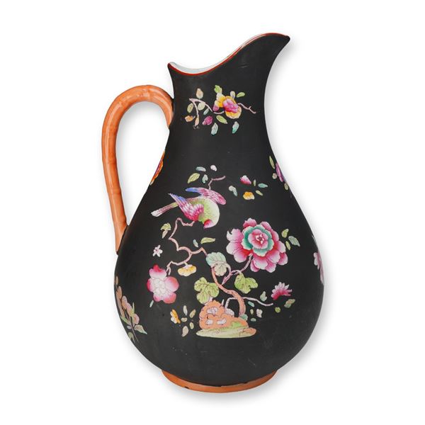 Wedgwood Capri Ware Black Basalt Pitcher with Polychrome Enamel Floral Decoration