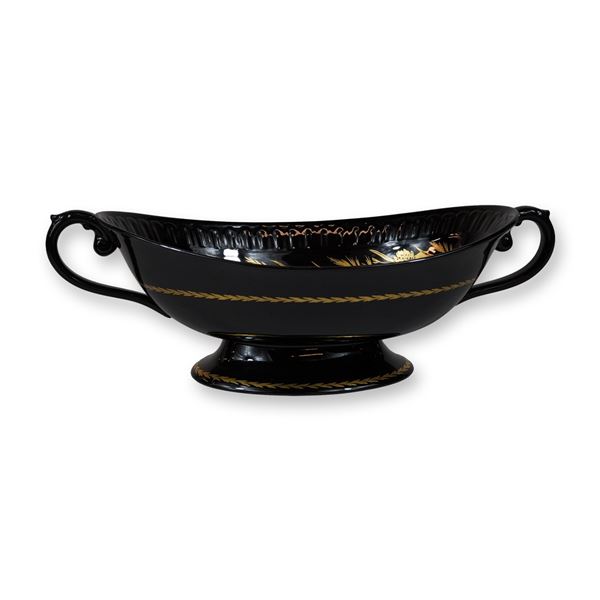 Wedgwood Glazed Black Basalt and Gilt Navette Centerpiece Bowl