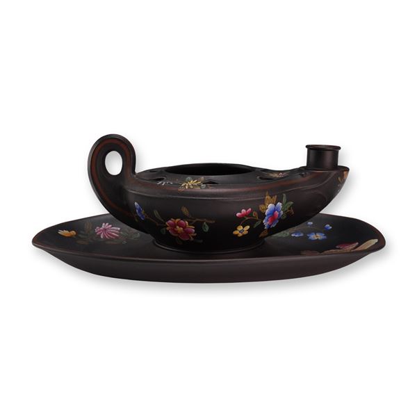 Wedgwood Polychrome Enameled Black Basalt Oil Lamp and Stand, ca. 1820