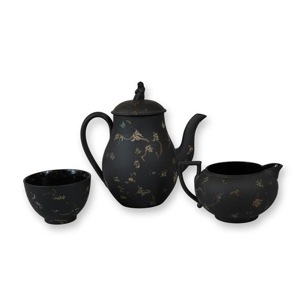 3pc Wedgwood Black Basalt Hand Painted Floral Tea Set