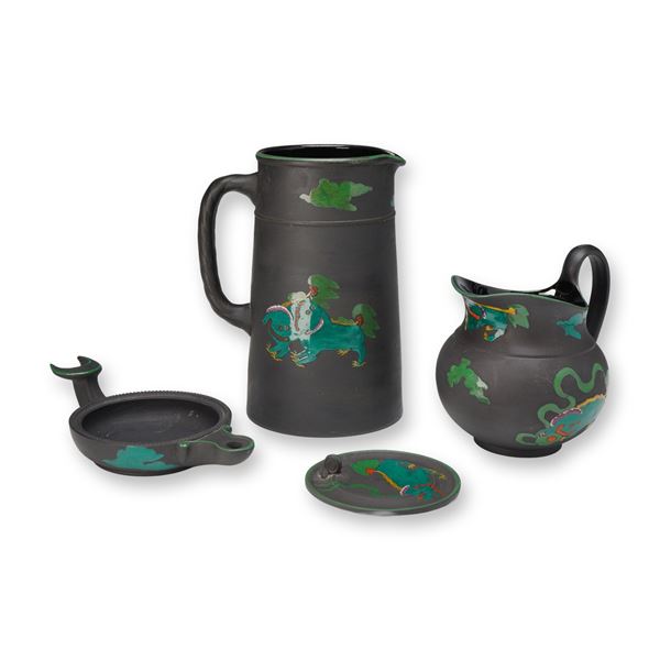 Three-Piece Wedgwood Black Basalt Dragon Kenlock Ware Pitcher, Creamer, and Oil Lamp