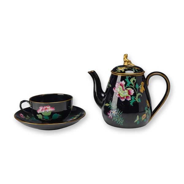 Three-Piece Wedgwood Black Basalt Enameled Tea Set Circa 1877