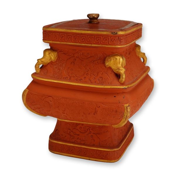 Wedgwood Rosso Antico Gilded Chinoiserie Lidded Jar, 1871