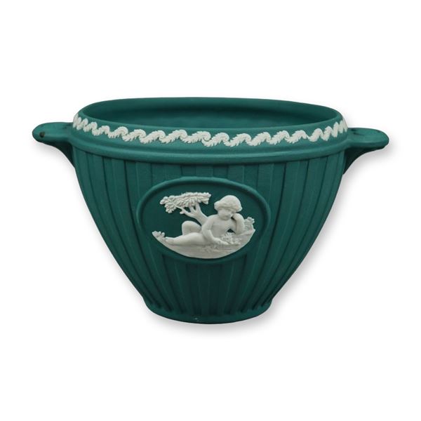 Signed Wedgwood Spruce Green and White Jasperware Bacchus Bowl