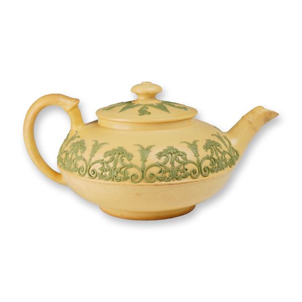 Wedgwood Caneware and Green Sprigged Jasperware Lidded Squat Teapot