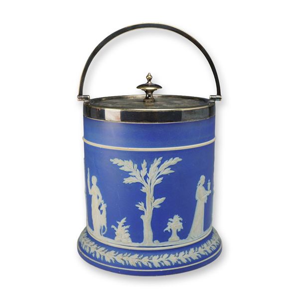 Wedgwood Cobalt Blue Jasperware Biscuit Jar with Silver-Plated Mounts