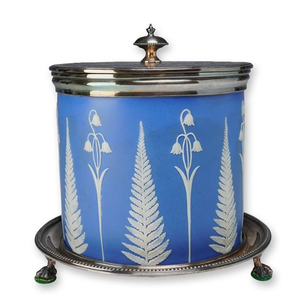 Wedgwood England Blue Jasperware Biscuit Barrel with Inscribed Silver-Plated Lid and Stand