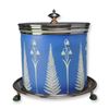 Image 1 : Wedgwood England Blue Jasperware Biscuit Barrel with Inscribed Silver-Plated Lid and Stand